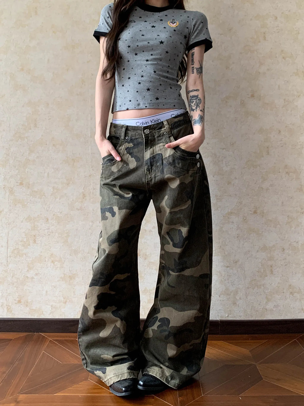 Pantalones Cargo Mujer Camuflaje Americano Hebilla París Pierna Ancha Streetwear Hip Hop Casual