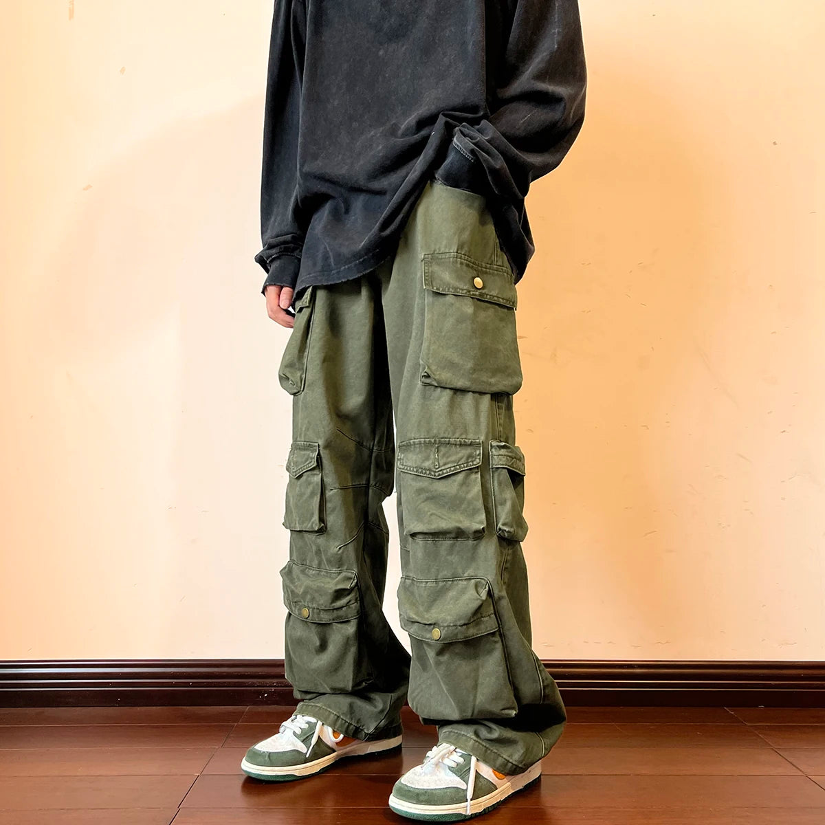 Pantalones Cargo Anchos Vintage de Algodón con Bolsillos Múltiples para Hombre