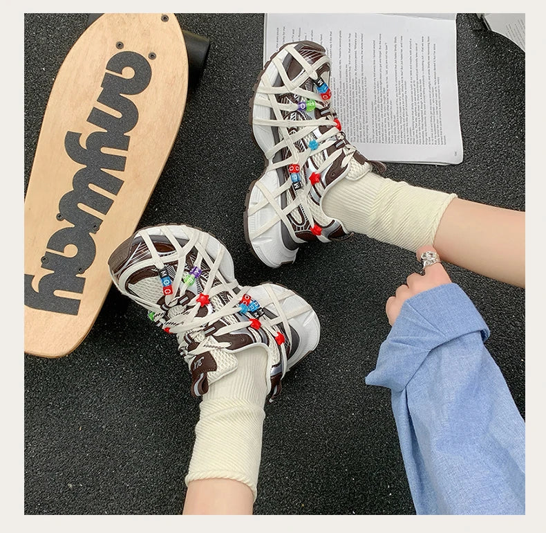 Zapatillas Deportivas Chunky Mujer Malla Transpirable Abalorios Plataforma Cordones Multicolor