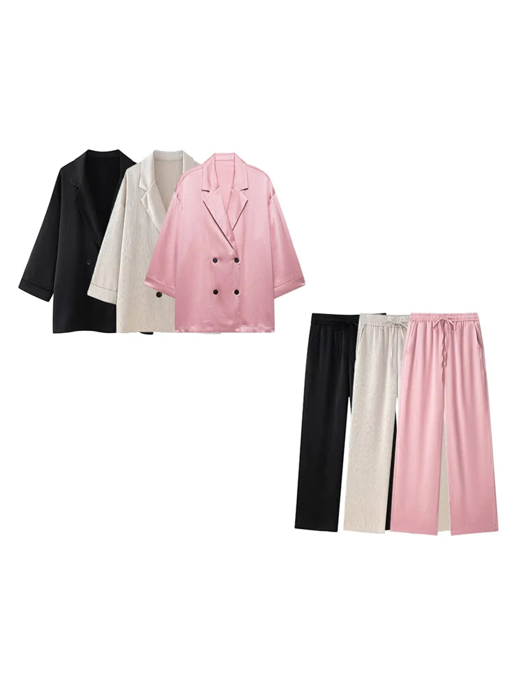 Conjunto de Chaqueta Cruzada Holgada y Pantalón Ancho de Cintura Alta para Mujer