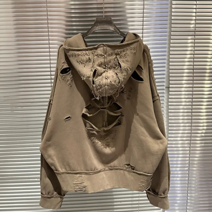 Sudadera con Capucha Holgada Estilo Hip Hop Efecto Desgastado Cremallera Corroída Invierno Unisex