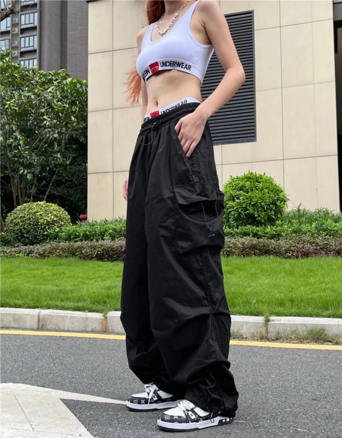 Pantalones Cargo Mujer Y2K Streetwear Bolsillos Oversize Pierna Ancha Harajuku