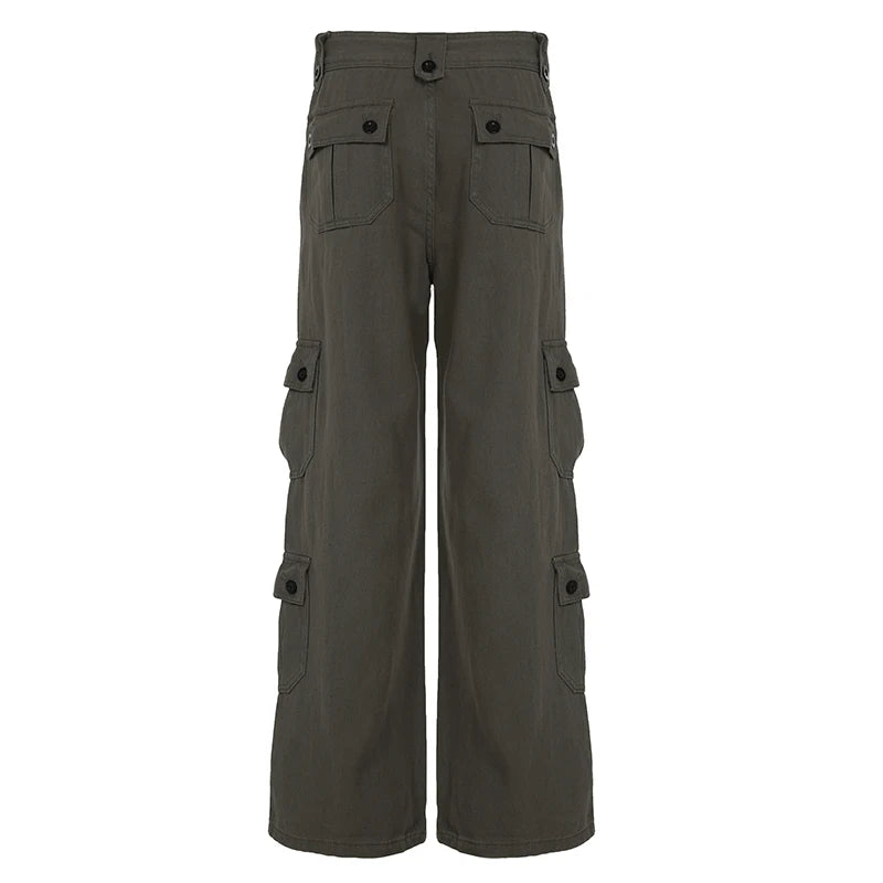 Pantalones Cargo Vaqueros Vintage Tiro Bajo Pierna Ancha Multibolsillo Casual Mujer