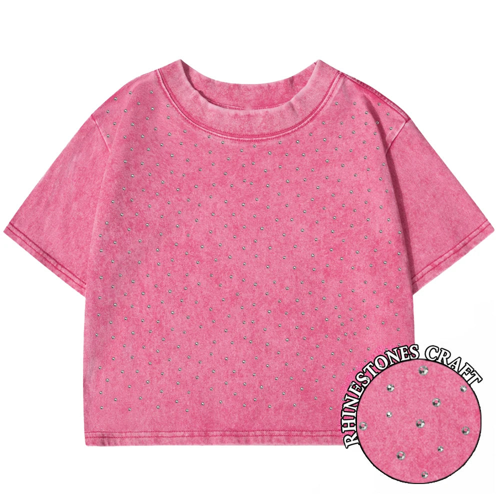 Camiseta Corta Mujer Algodón Lavado Cuello Redondo Manga Corta Y2K Verano