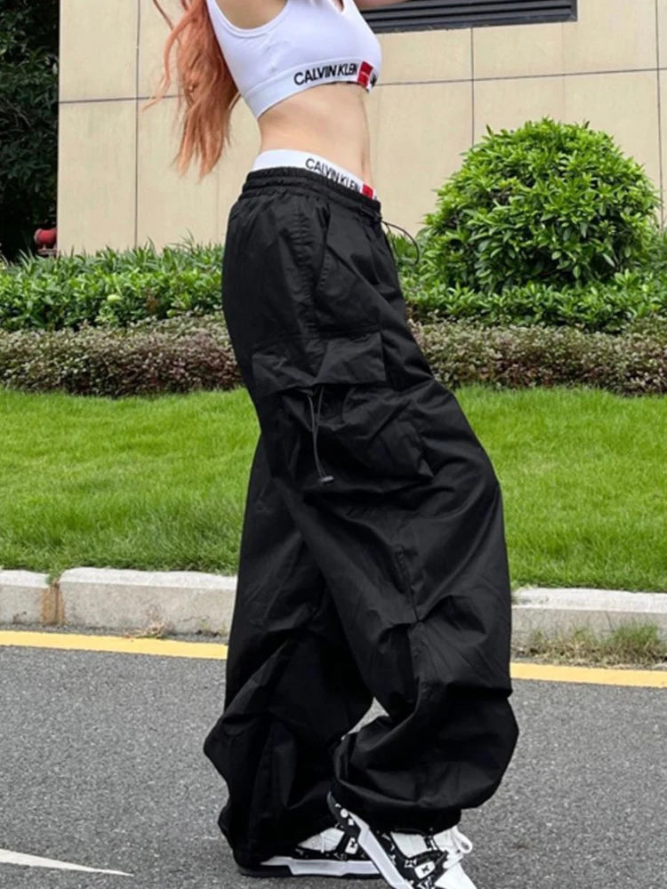 Pantalones Cargo Mujer Y2K Streetwear Bolsillos Oversize Pierna Ancha Harajuku