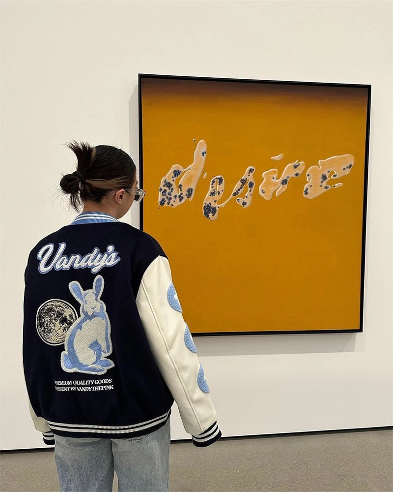 Chaqueta de Béisbol Bordada Vintage con Estampado Flocado de Conejo para Hombre