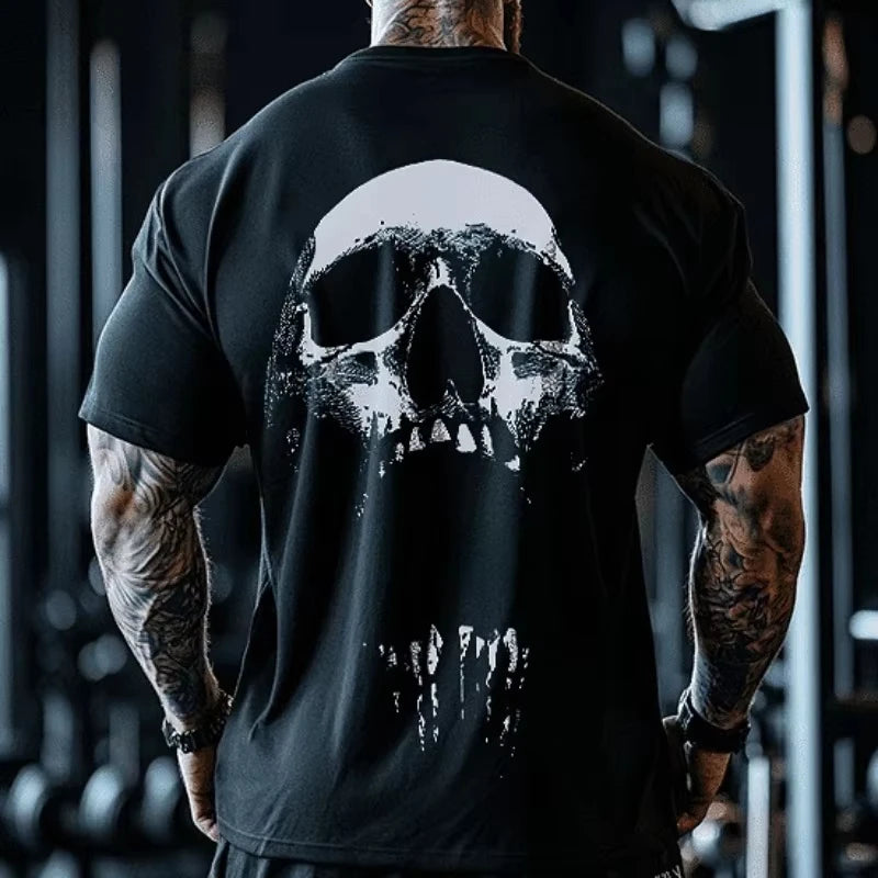 Camiseta Holgada de Gimnasio Estampado Calavera Gótica Espalda Culturismo Hombre