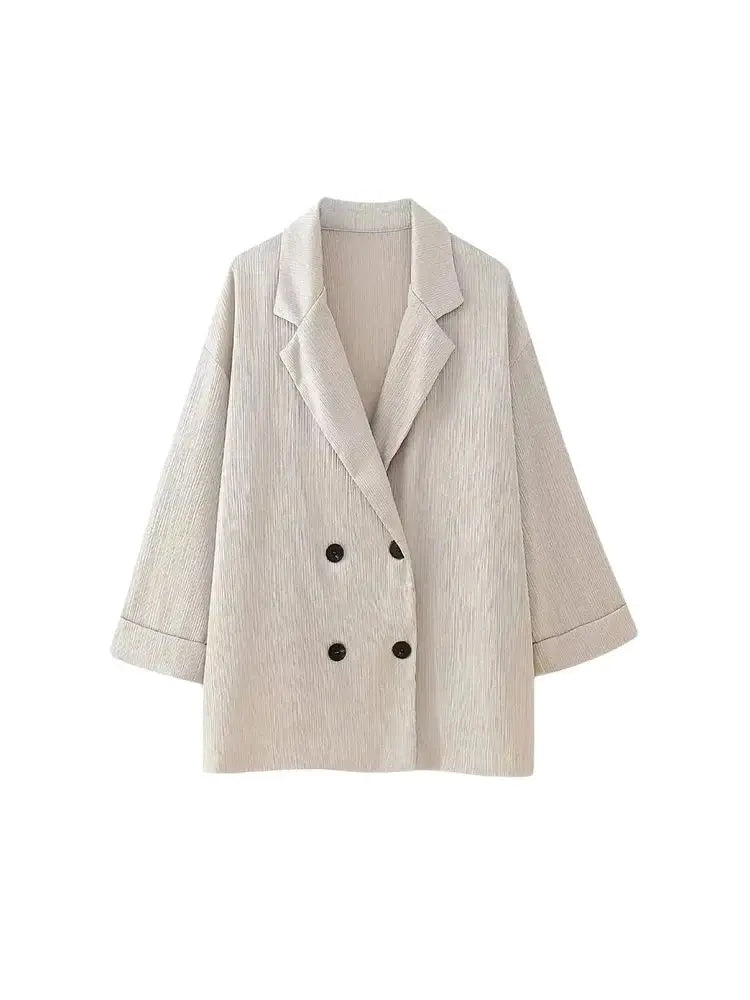 Conjunto de Chaqueta Cruzada Holgada y Pantalón Ancho de Cintura Alta para Mujer