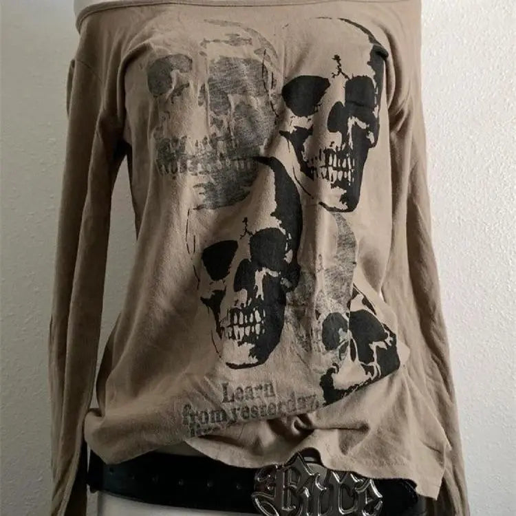Camiseta Vintage Estampado Calavera Grunge Harajuku Y2k Hombros Descubiertos Punk Mujer