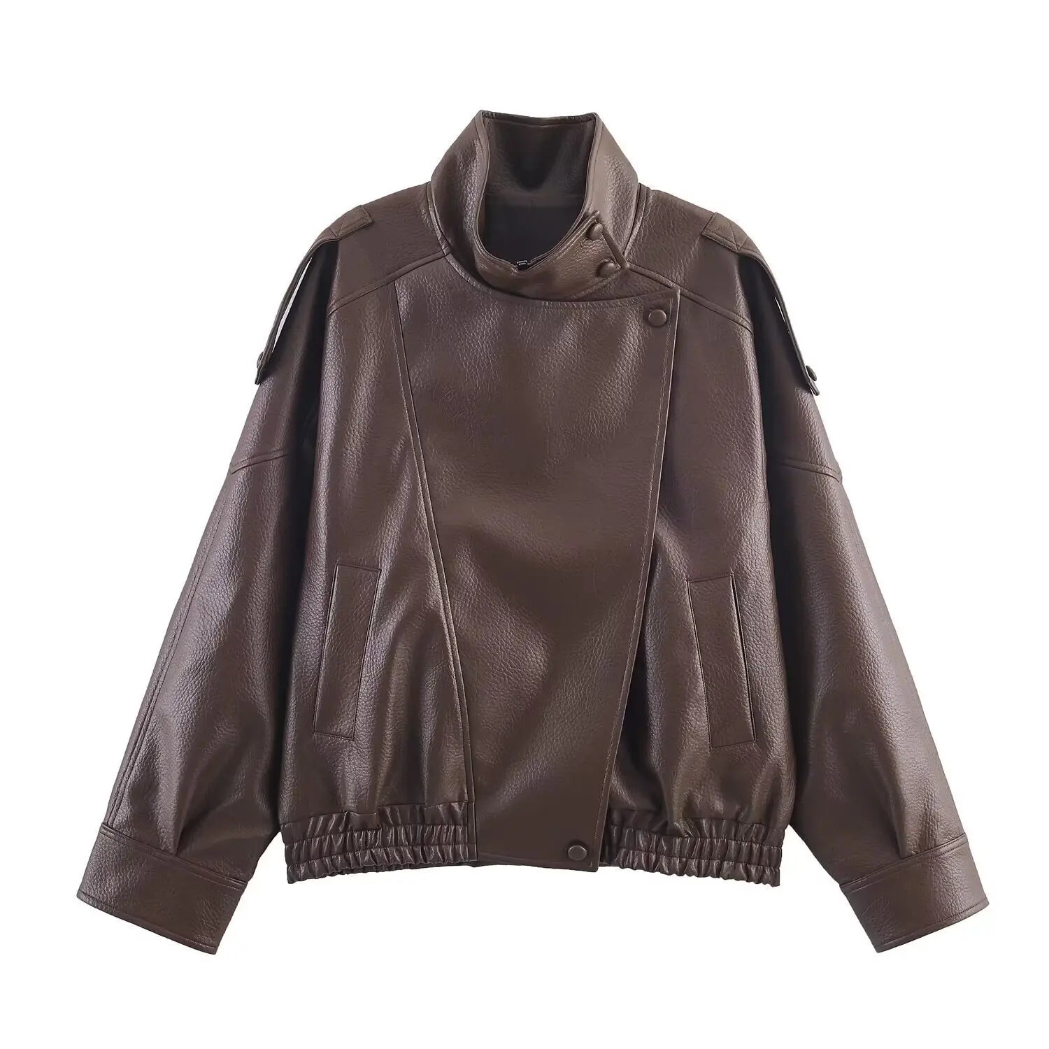 Chaqueta de Cuero Casual Chic Negra Manga Larga Botones Elástica Oversize Mujer