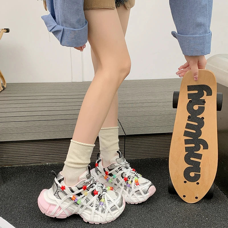 Zapatillas Deportivas Chunky Mujer Malla Transpirable Abalorios Plataforma Cordones Multicolor