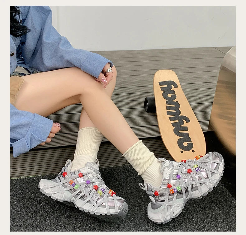 Zapatillas Deportivas Chunky Mujer Malla Transpirable Abalorios Plataforma Cordones Multicolor