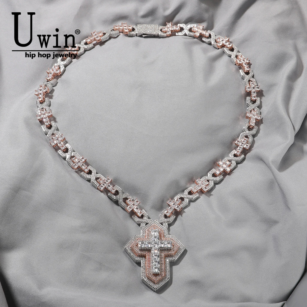 Collar Colgante Cruz de Tres Capas con Circonita Cúbica y Cadena de Eslabones Hip Hop Unisex