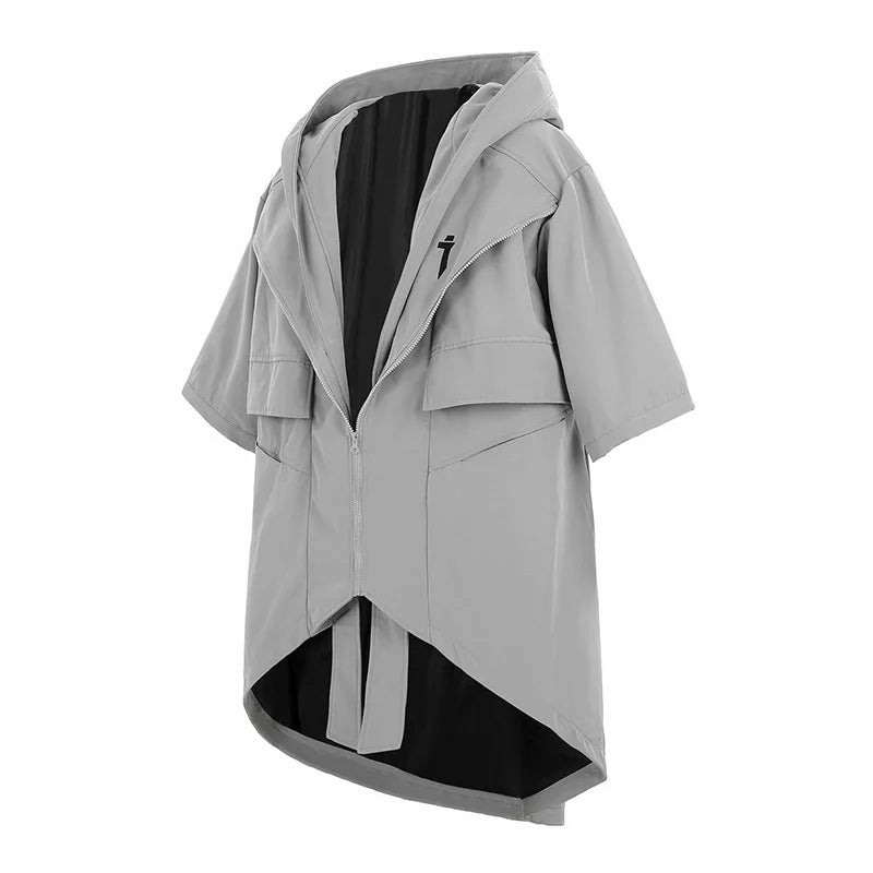 Chaqueta Cortavientos con Capucha Media Manga Suelta Techwear Hombre Primavera