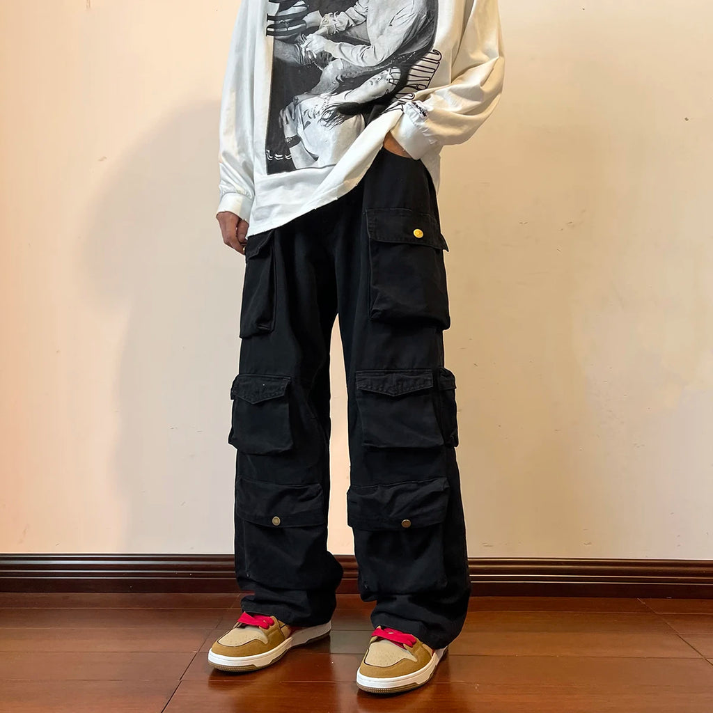 Pantalones Cargo Anchos Vintage de Algodón con Bolsillos Múltiples para Hombre