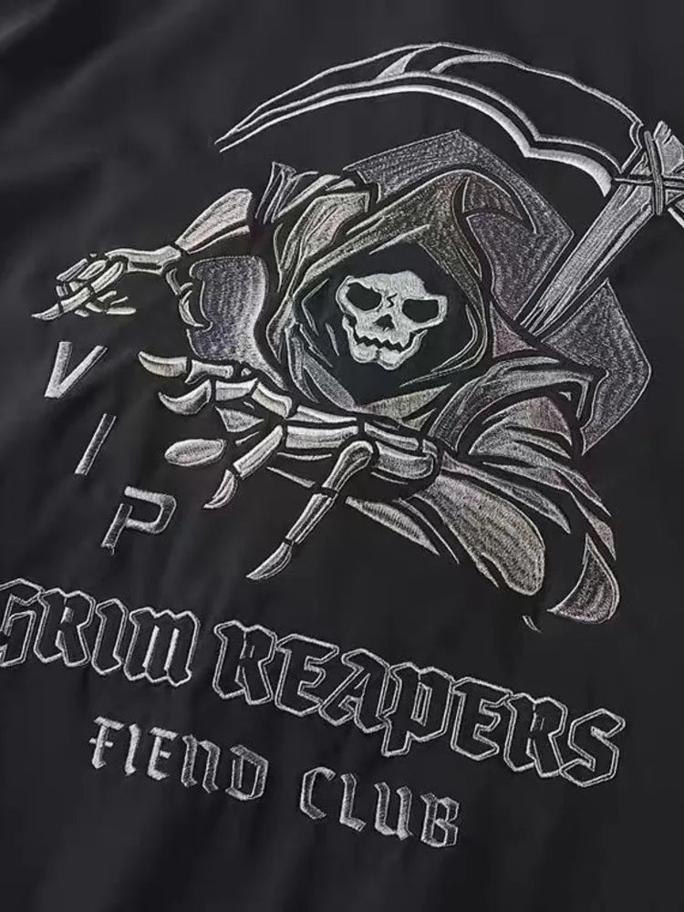 Chaqueta Bomber Gótica Dios de la Muerte Bolsillo Pecho Techwear Punk Hip Hop Táctica Oversize Hombre
