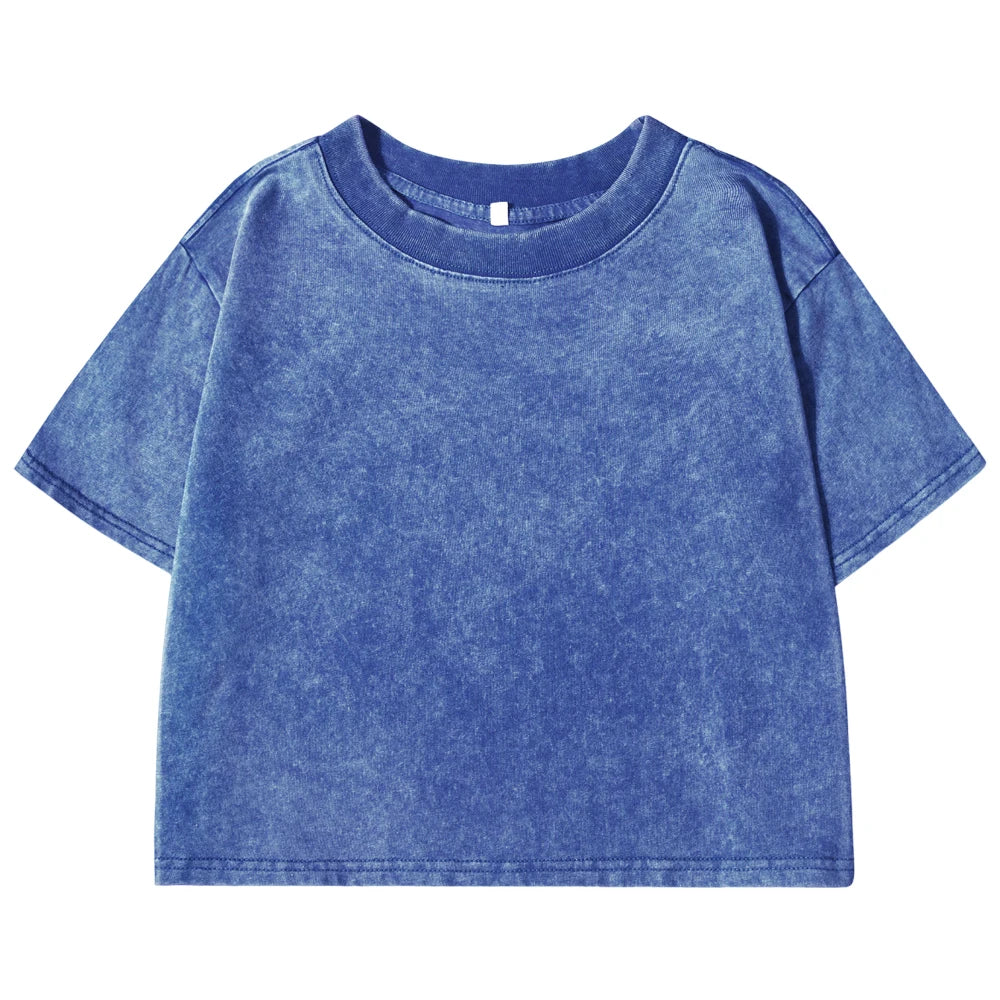 Camiseta Corta Mujer Algodón Lavado Cuello Redondo Manga Corta Y2K Verano