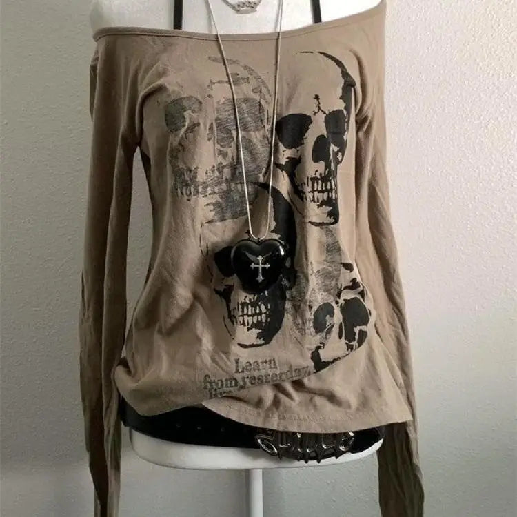 Camiseta Vintage Estampado Calavera Grunge Harajuku Y2k Hombros Descubiertos Punk Mujer