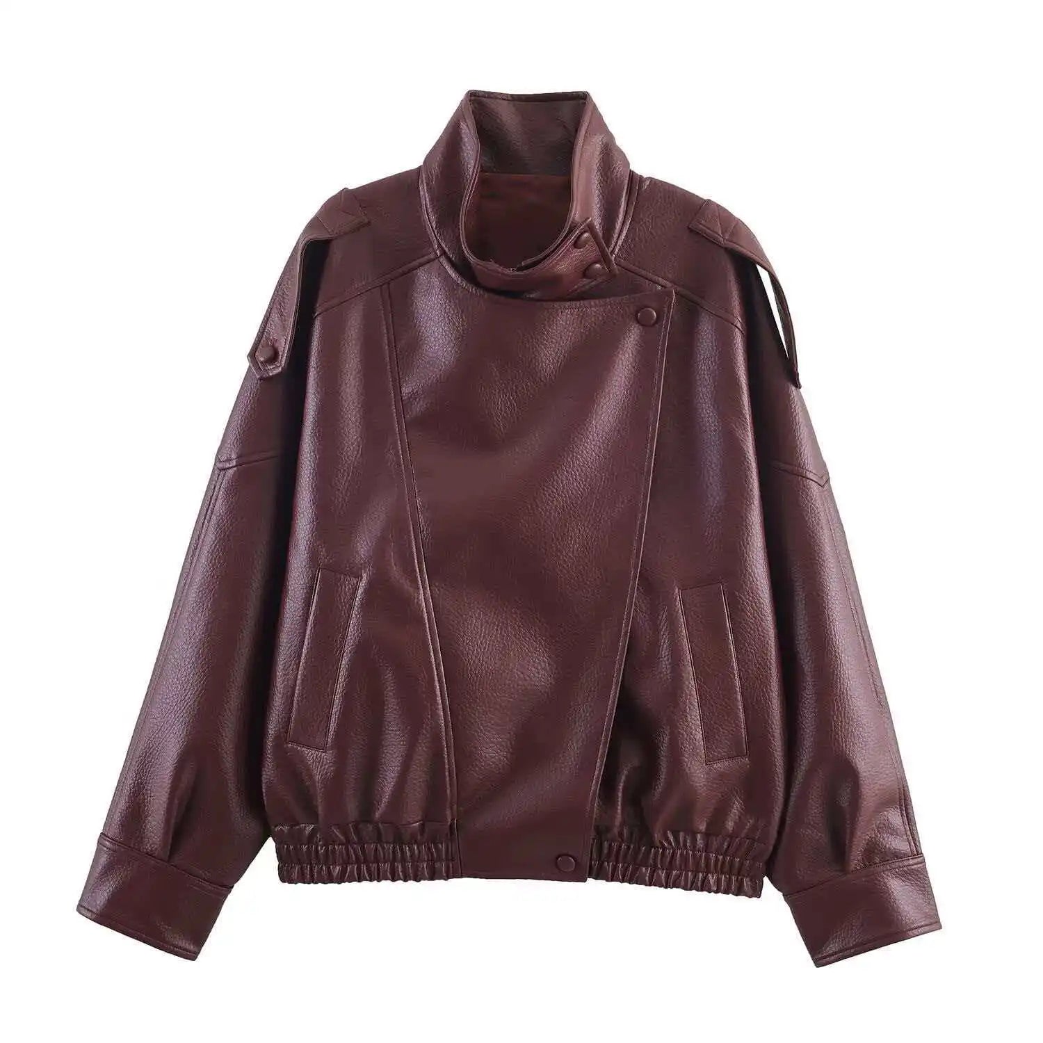 Chaqueta de Cuero Casual Chic Negra Manga Larga Botones Elástica Oversize Mujer