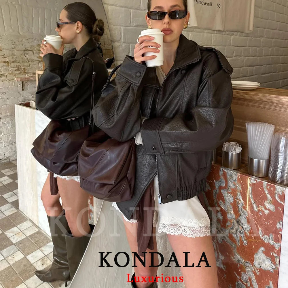 Chaqueta de Cuero Casual Chic Negra Manga Larga Botones Elástica Oversize Mujer