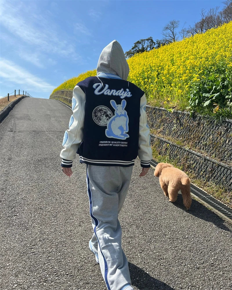 Chaqueta de Béisbol Bordada Vintage con Estampado Flocado de Conejo para Hombre