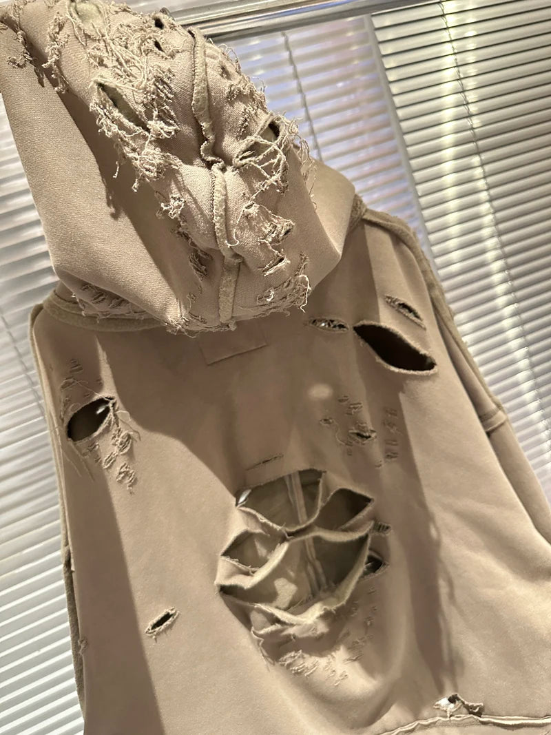 Sudadera con Capucha Holgada Estilo Hip Hop Efecto Desgastado Cremallera Corroída Invierno Unisex