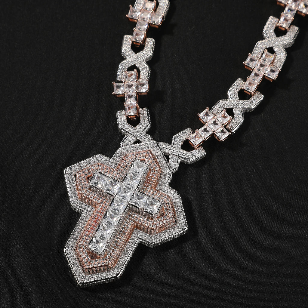 Collar Colgante Cruz de Tres Capas con Circonita Cúbica y Cadena de Eslabones Hip Hop Unisex