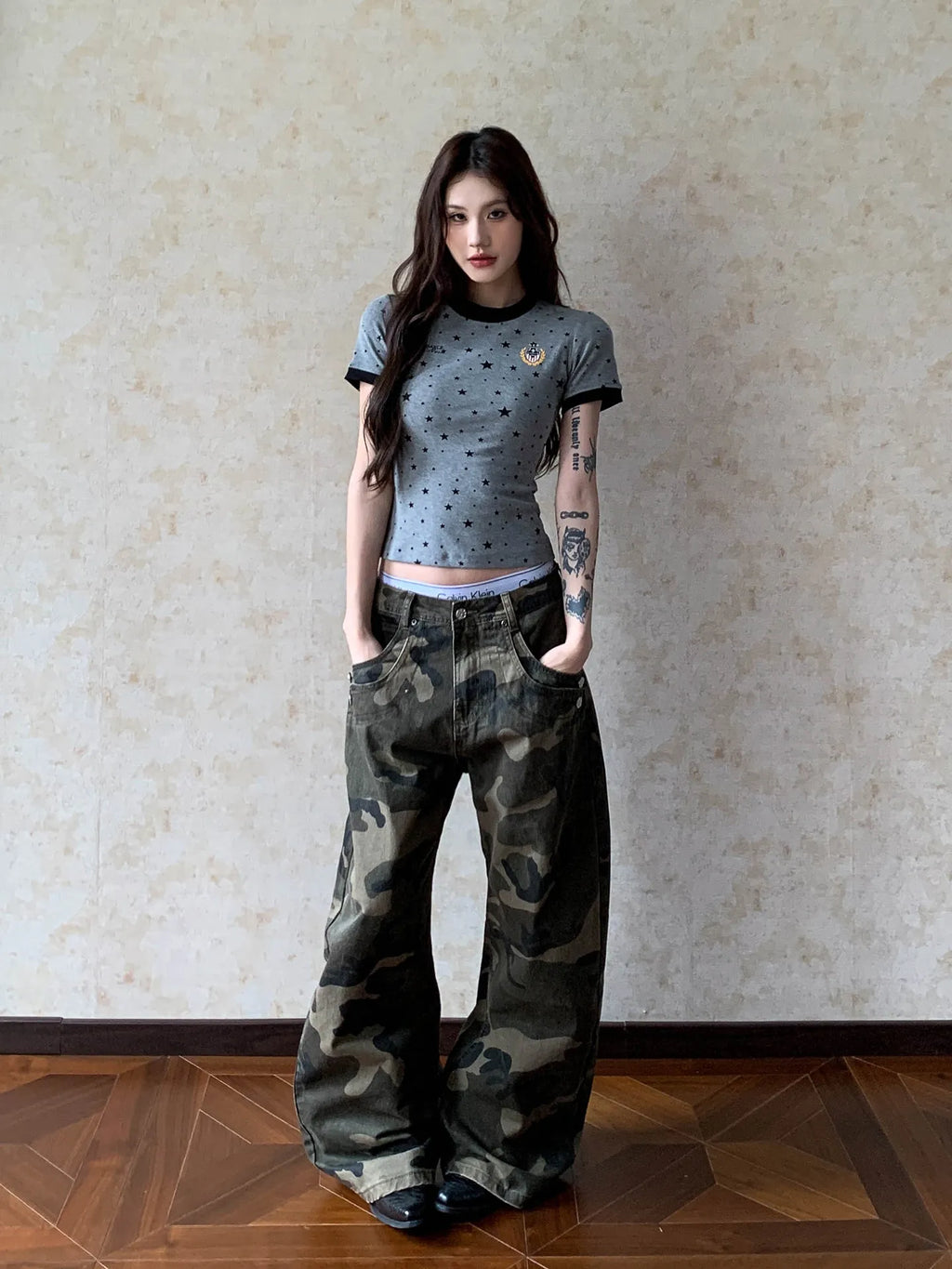 Pantalones Cargo Mujer Camuflaje Americano Hebilla París Pierna Ancha Streetwear Hip Hop Casual