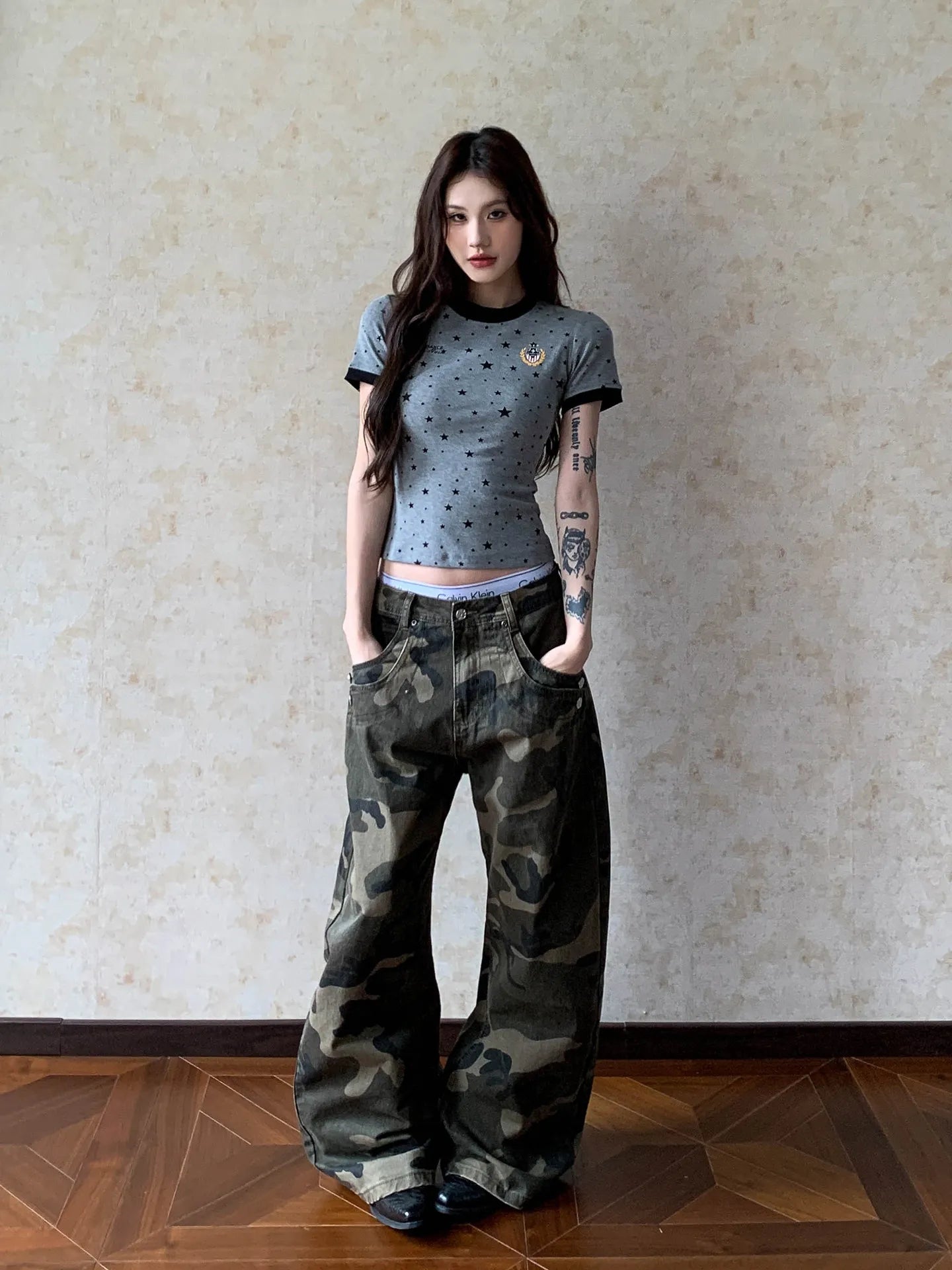 Pantalones Cargo Mujer Camuflaje Americano Hebilla París Pierna Ancha Streetwear Hip Hop Casual