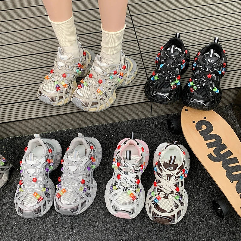 Zapatillas Deportivas Chunky Mujer Malla Transpirable Abalorios Plataforma Cordones Multicolor