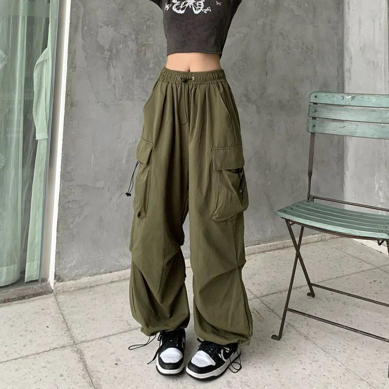 Pantalones Cargo Mujer Y2K Streetwear Bolsillos Oversize Pierna Ancha Harajuku