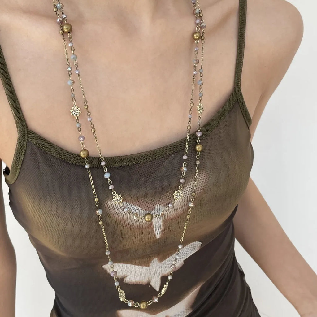 Collar Vintage Bohemio de Doble Capa con Cuentas de Flores para Mujer