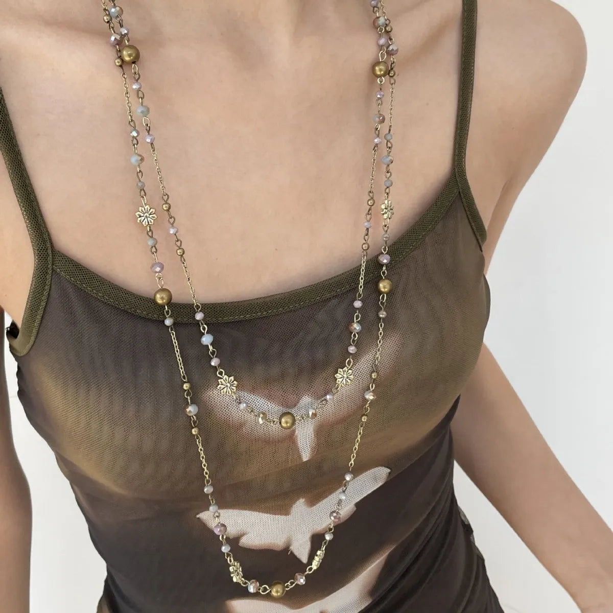 Collar Vintage Bohemio de Doble Capa con Cuentas de Flores para Mujer