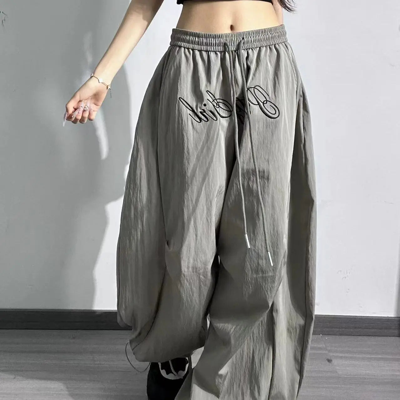 Pantalones Cargo Paracaídas Y2K Estampados Cintura Elástica Plisados Hip Hop Rectos Holgados Hombre