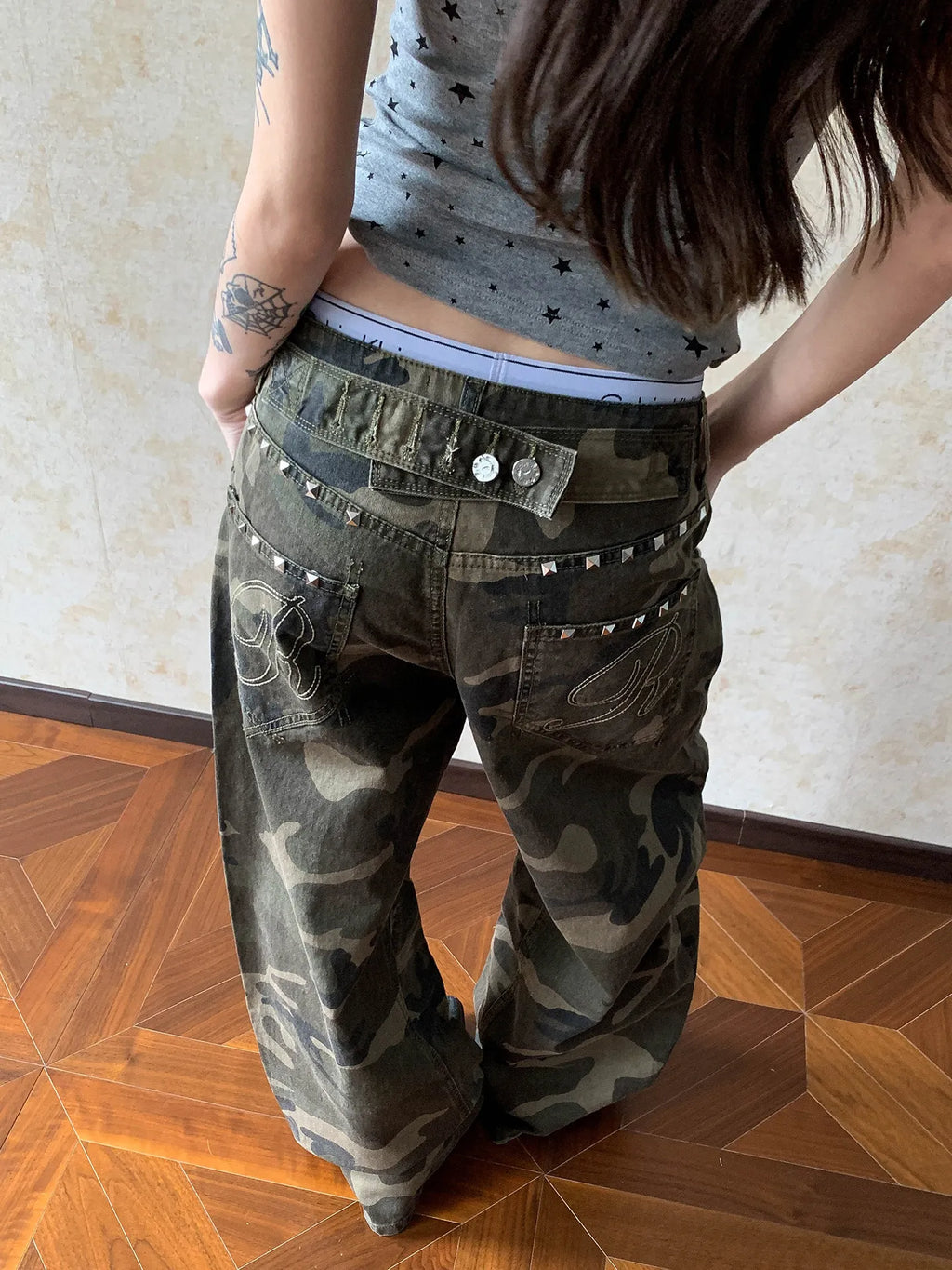 Pantalones Cargo Mujer Camuflaje Americano Hebilla París Pierna Ancha Streetwear Hip Hop Casual
