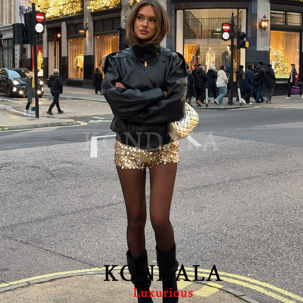 Chaqueta de Cuero Casual Chic Negra Manga Larga Botones Elástica Oversize Mujer