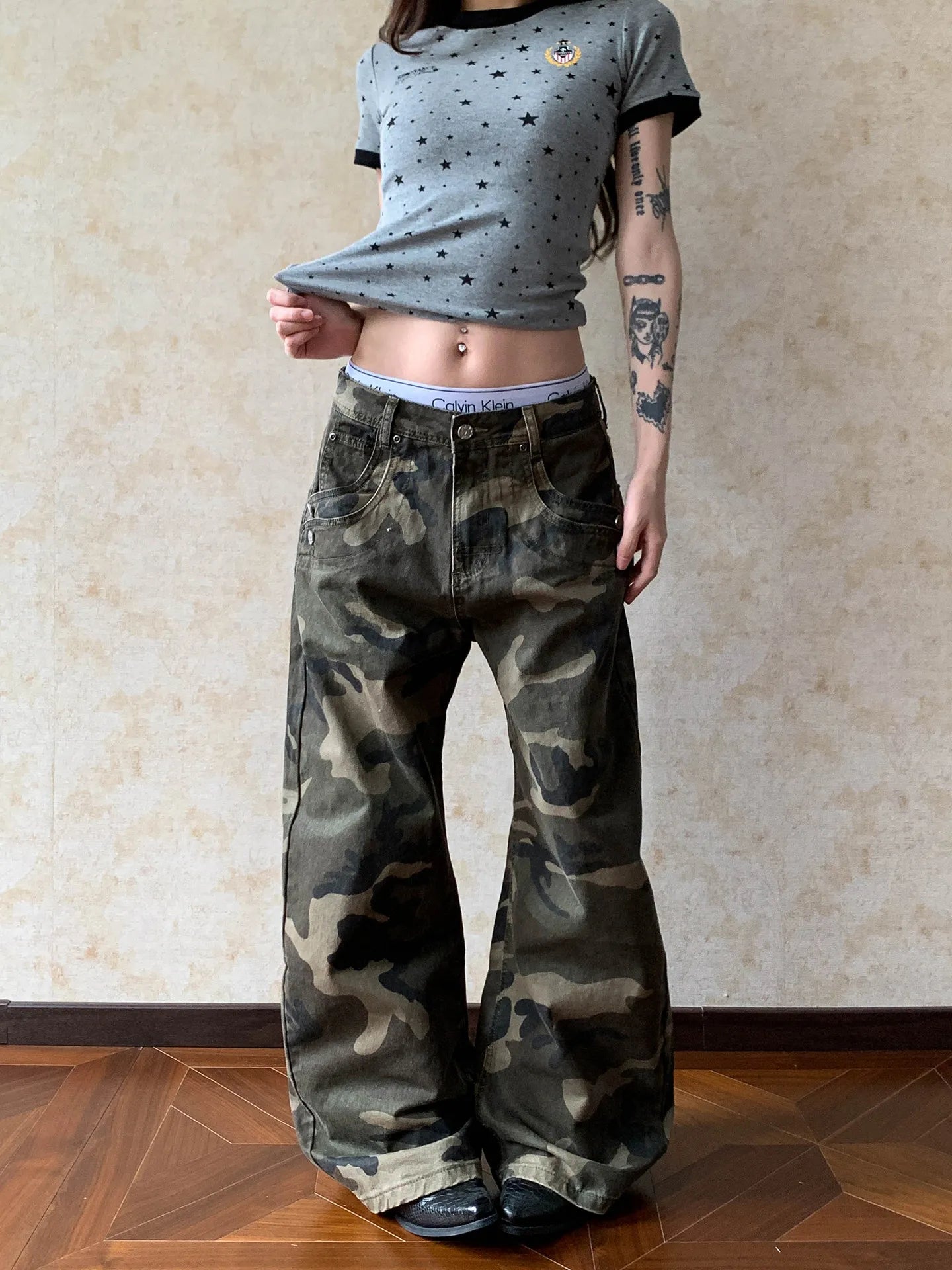 Pantalones Cargo Mujer Camuflaje Americano Hebilla París Pierna Ancha Streetwear Hip Hop Casual