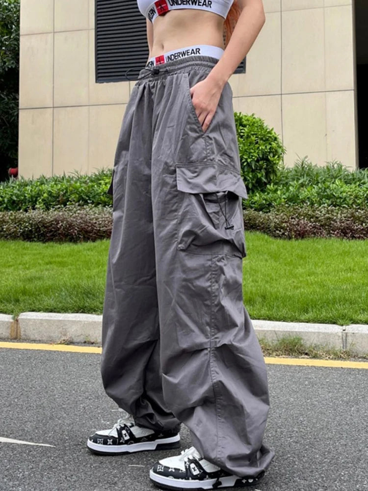 Pantalones Cargo Mujer Y2K Streetwear Bolsillos Oversize Pierna Ancha Harajuku