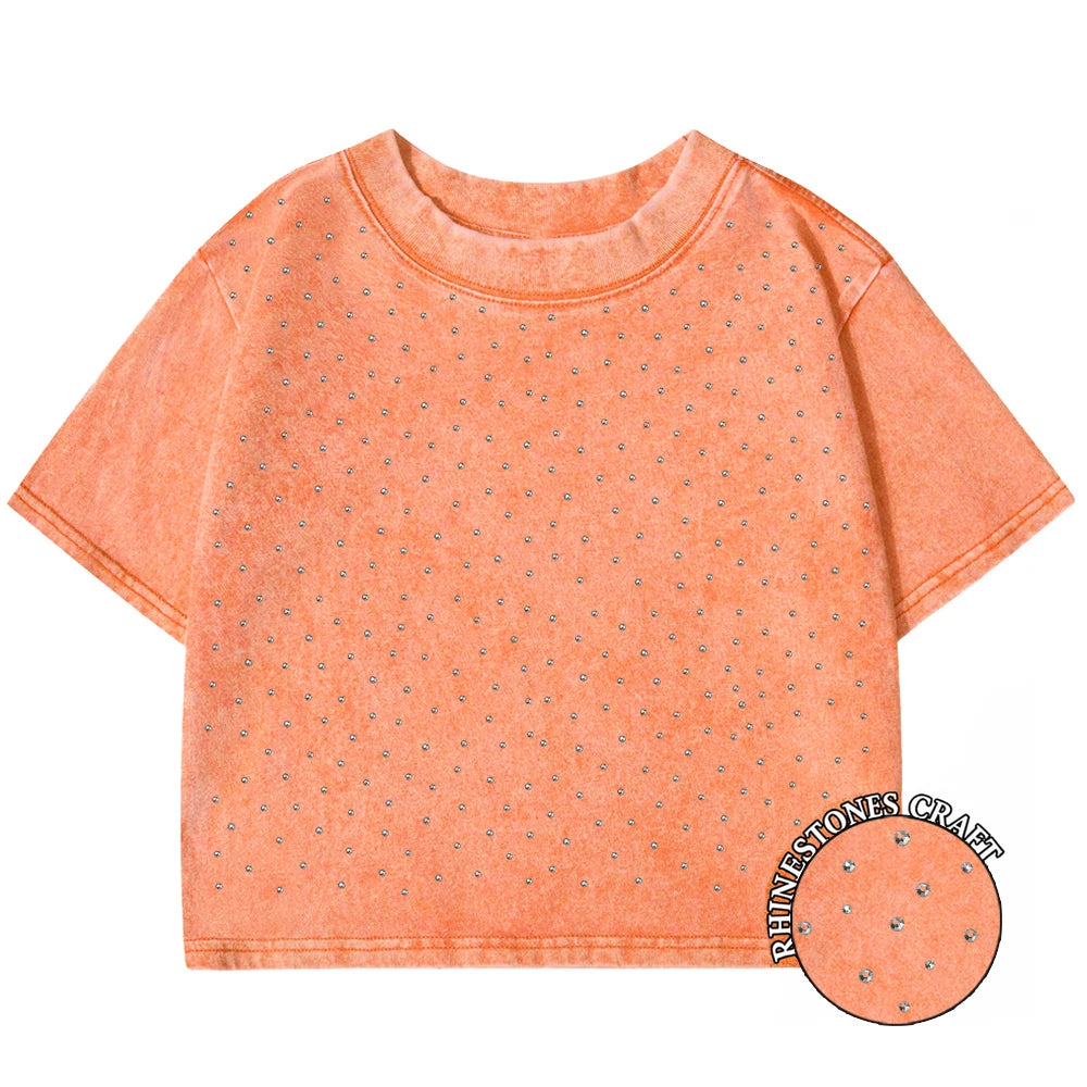 Camiseta Corta Mujer Algodón Lavado Cuello Redondo Manga Corta Y2K Verano