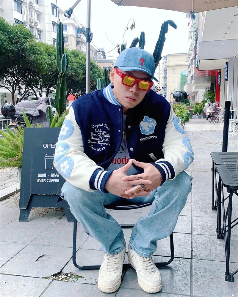 Chaqueta de Béisbol Bordada Vintage con Estampado Flocado de Conejo para Hombre