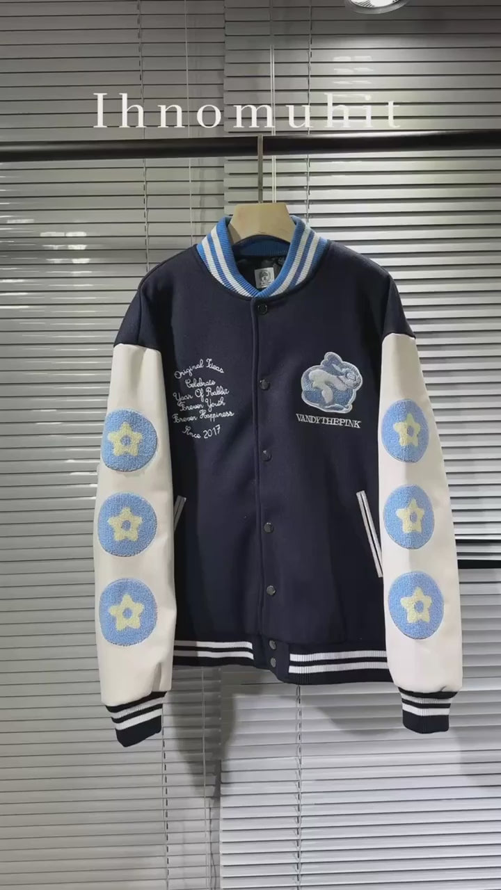 Chaqueta de Béisbol Bordada Vintage con Estampado Flocado de Conejo para Hombre