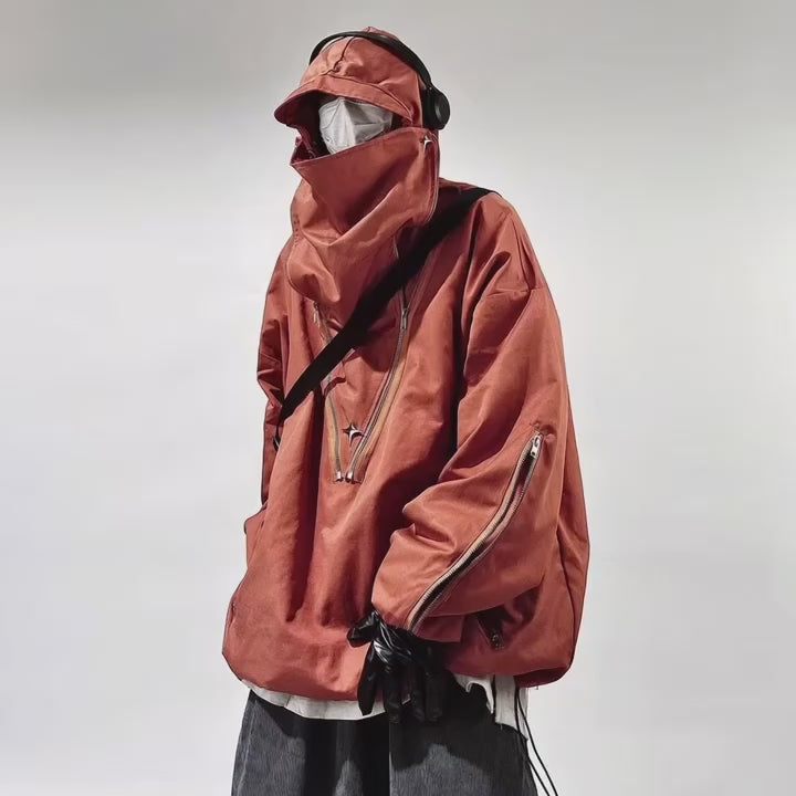 Chaqueta Cargo con Capucha Bolsillos Cremallera Techwear Hip Hop Oversize Hombre