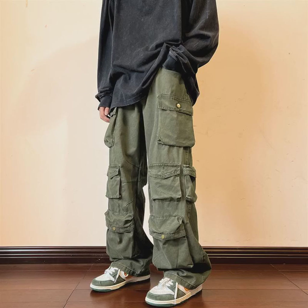 Pantalones Cargo Anchos Vintage de Algodón con Bolsillos Múltiples para Hombre
