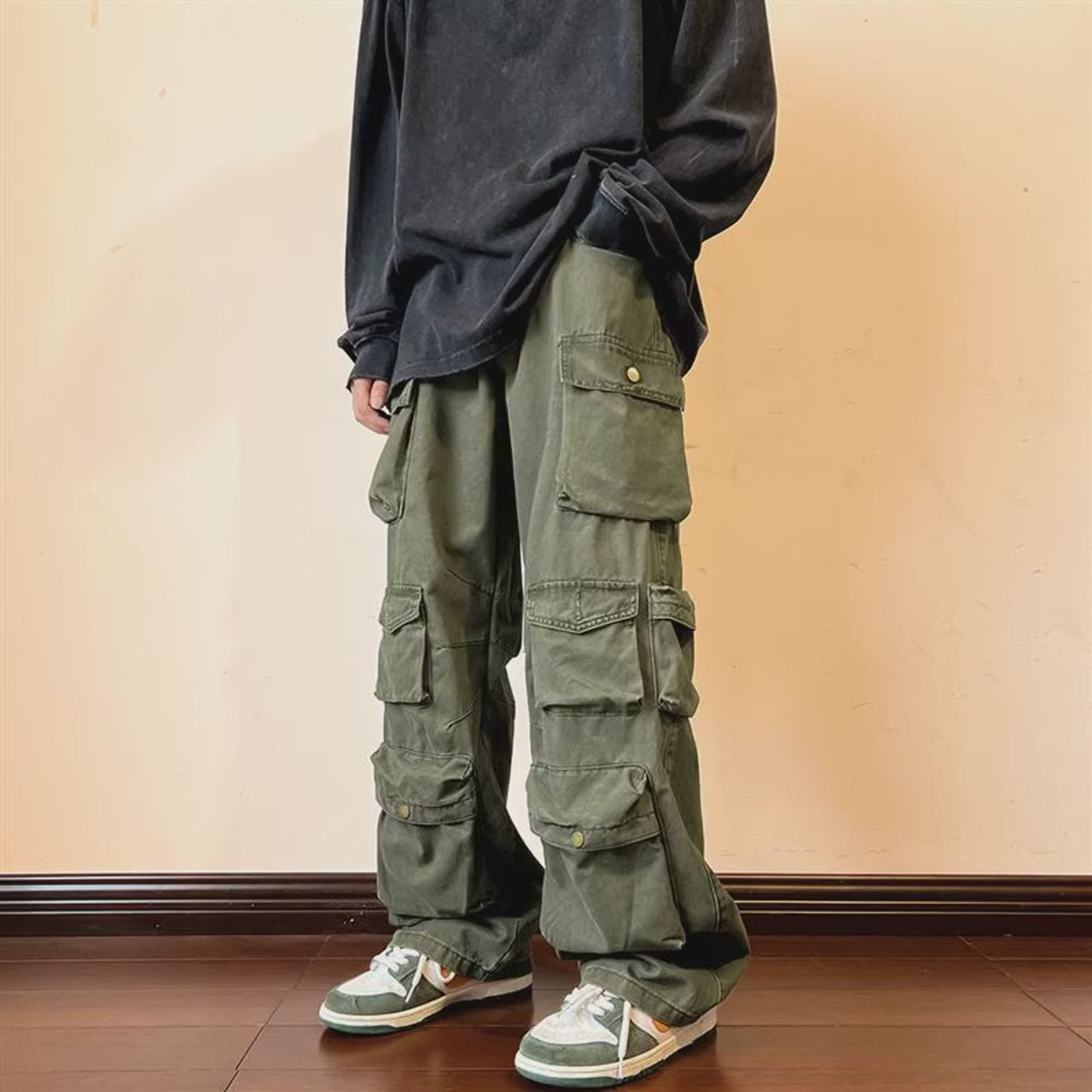 Pantalones Cargo Anchos Vintage de Algodón con Bolsillos Múltiples para Hombre